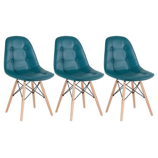 Kit 3 Cadeiras Eames Eiffel Botonê - Turquesa - Base de Madeira Clara