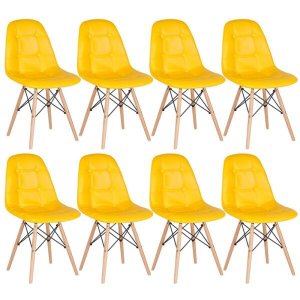 Kit 8 Cadeiras Eames Eiffel Botonê - Amarelo - Base de Madeira Clara