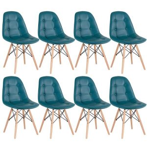 Kit 8 Cadeiras Eames Eiffel Botonê - Turquesa - Base de Madeira Clara