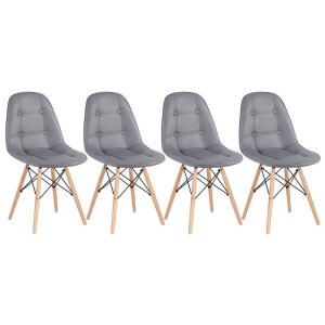 Kit 4 Cadeiras Eames Eiffel Botonê - Cinza Escuro - Base de Madeira Clara