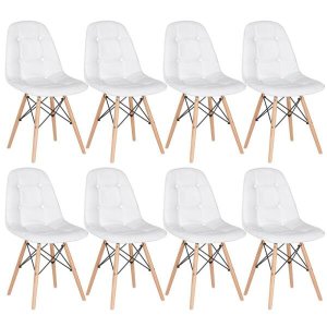Kit 8 Cadeiras Eames Eiffel Botonê - Branco - Base de Madeira Clara