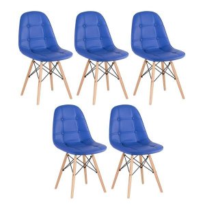 Kit 5 Cadeiras Eames Eiffel Botonê - Azul - Base de Madeira Clara