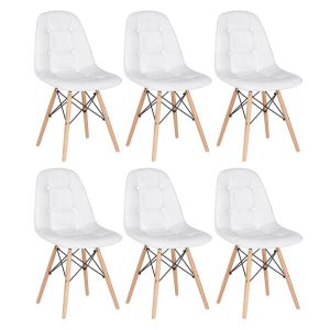 Kit 6 Cadeiras Eames Eiffel Botonê - Branco - Base de Madeira Clara