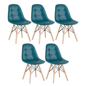 Kit 5 Cadeiras Eames Eiffel Botonê - Turquesa - Base de Madeira Clara