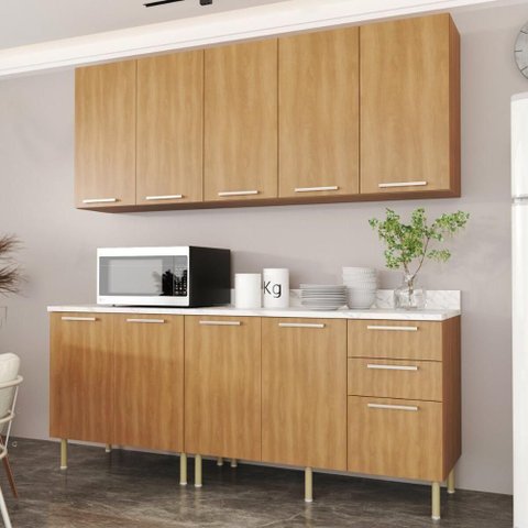 Cozinha Compacta 4 Peças com Armário e Balcão com Tampo Multimóveis Cr20448 Freijó Mármore