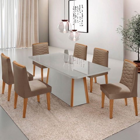 Mesa de Jantar Diane 180cm Mdf Vidro com 6 Cadeiras Moderna Veludo Capuccino Off White Naturale