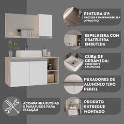 Conjunto para Banheiro Gabinete Suspenso 80cm com Cuba e Espelheira Amadeirado/Branco - 7