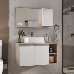 Conjunto para Banheiro Gabinete Suspenso 80cm com Cuba e Espelheira Amadeirado/Branco