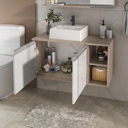 Conjunto para Banheiro Gabinete Suspenso 80cm com Cuba e Espelheira Amadeirado/Branco - 6