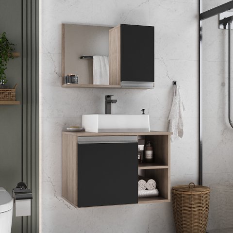 Conjunto de Gabinete Banheiro Virtus 60cm com Cuba e Espelheira