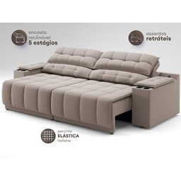 Sofá com Porta Copos Carregador USB Ret Rec Samurai 2,50m Velosuede Bege - NETSOFAS - 5