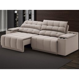 Sofá com Porta Copos Carregador USB Ret Rec Samurai 2,50m Velosuede Bege - NETSOFAS - 1