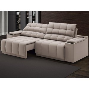 Sofá com Porta Copos Carregador USB Ret Rec Samurai 2,50m Velosuede Bege - NETSOFAS