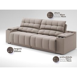 Sofá com Porta Copos Carregador USB Ret Rec Samurai 2,50m Velosuede Bege - NETSOFAS - 3
