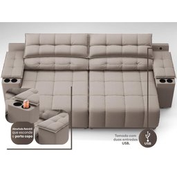 Sofá com Porta Copos Carregador USB Ret Rec Samurai 2,50m Velosuede Bege - NETSOFAS - 2