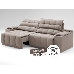 Sofá com Porta Copos Carregador USB Ret Rec Samurai 2,50m Velosuede Bege - NETSOFAS - 6