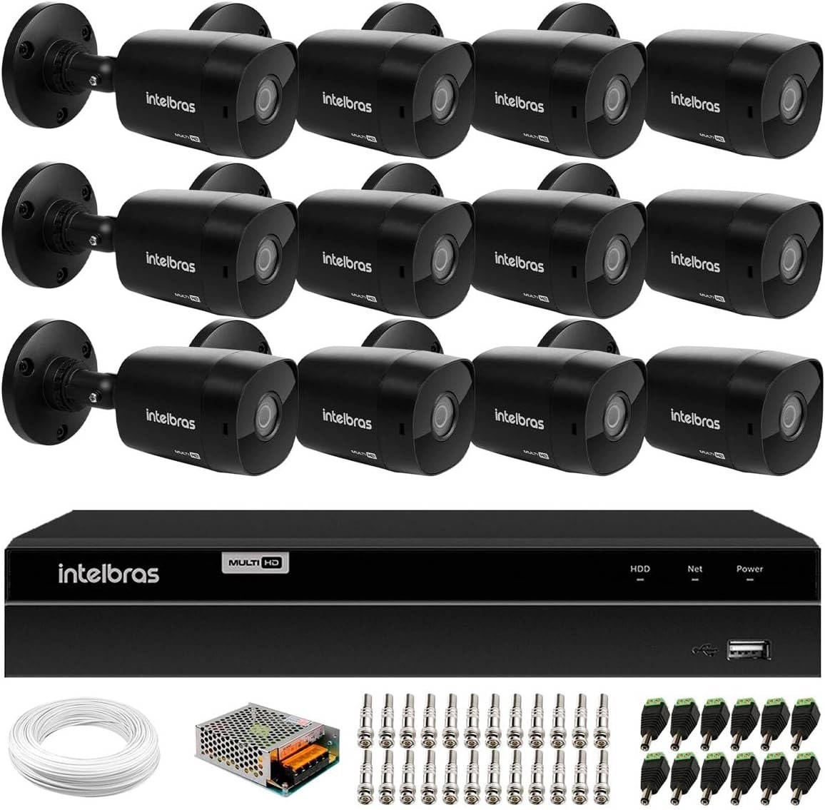 Kit 12 Câmeras Intelbras Vhd 1230 B Full Hd 1080p Bullet Black G7 Visão Noturna 30m Ip67 + Dvr Intel