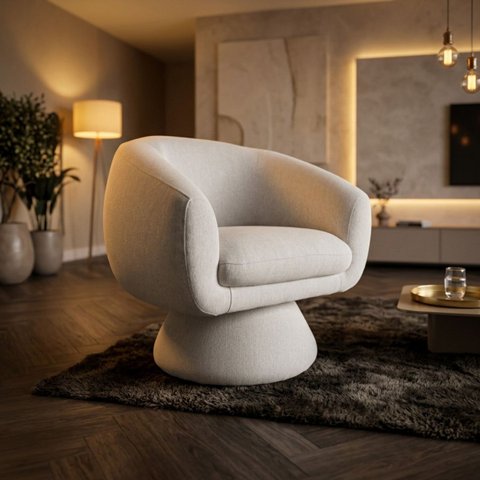 Poltrona Orgânica Giratoria Redonda Sala Venus Confortável Elegante Sapatas Plásticas Linho Off Whit