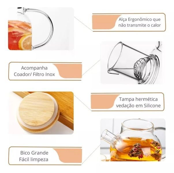 Chaleira Bule com Infusor Vidro 1,3 Litros Tampa Bambu - 7