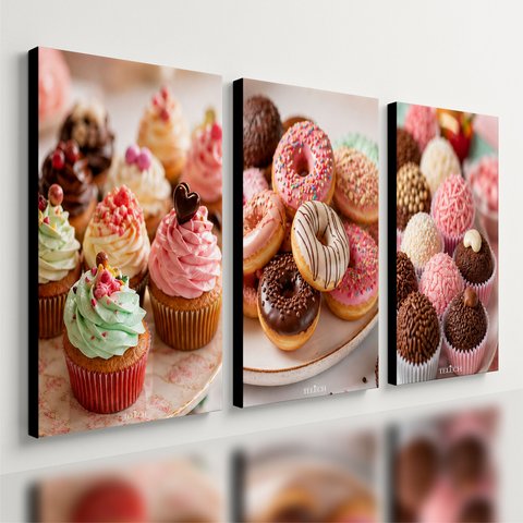 Kit 3 Quadro Decorativo Confeitaria Doceria Donuts Doces 28x20cm
