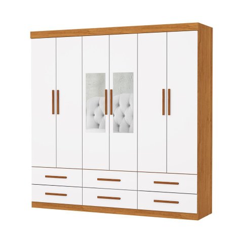 Guarda Roupa Dallas 6 Portas com Espelho Central 6 Gavetas Carioca Moveis Cinamomo/neve