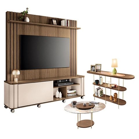 Estante Home Theater Trinus Castanho Off White com Mesa de Centro Sky com Tampo de Vidro e Aparador