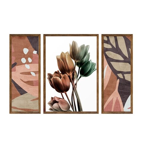 Kit 3 Quadros Decorativos Abstrato Flores Sala Quarto