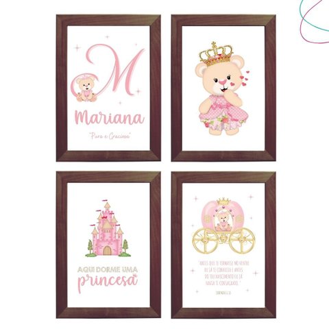 Kit com 4 Quadros Decorativos Infantil Ursinha Princesa:tabaco