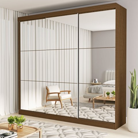 Guarda Roupa Casal Premium Isabela 205,9cm com Espelho 3 Portas 4 Gavetas Yescasa Marrom/Freijó