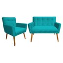 Ver imagem 1 de Kit Namoradeira + 1 Poltrona Decorativa Onix Suede Azul Tifany Pés Madeira Mz Decor