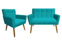 Ver imagem 1 de Kit Namoradeira + 1 Poltrona Decorativa Onix Suede Azul Tifany Pés Madeira Mz Decor