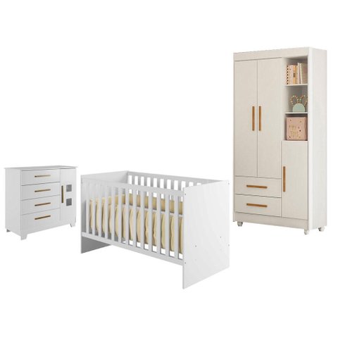 Guarda Roupa Flocos com Cômoda Fly e Berço Americano Soft Branco Acetinado - Tigus