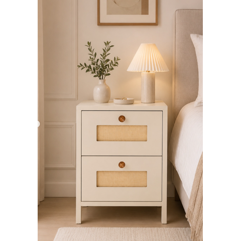 Mesa de Cabeceira Madeira 100% MDF, 2 Gavetas, Detalhe em Palhinha, Puxador Madeira