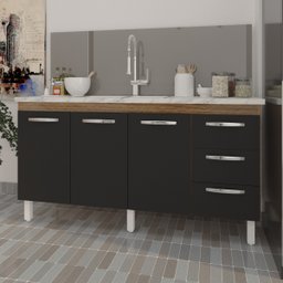 Balcão Armário Cozinha Gabinete para Pia 148 Cm 3 Gavetas e 3 Portas Deise Savana Preto - 3