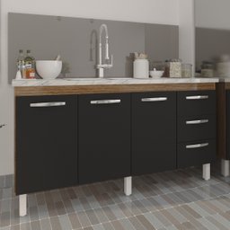 Balcão Armário Cozinha Gabinete para Pia 148 Cm 3 Gavetas e 3 Portas Deise Savana Preto - 2