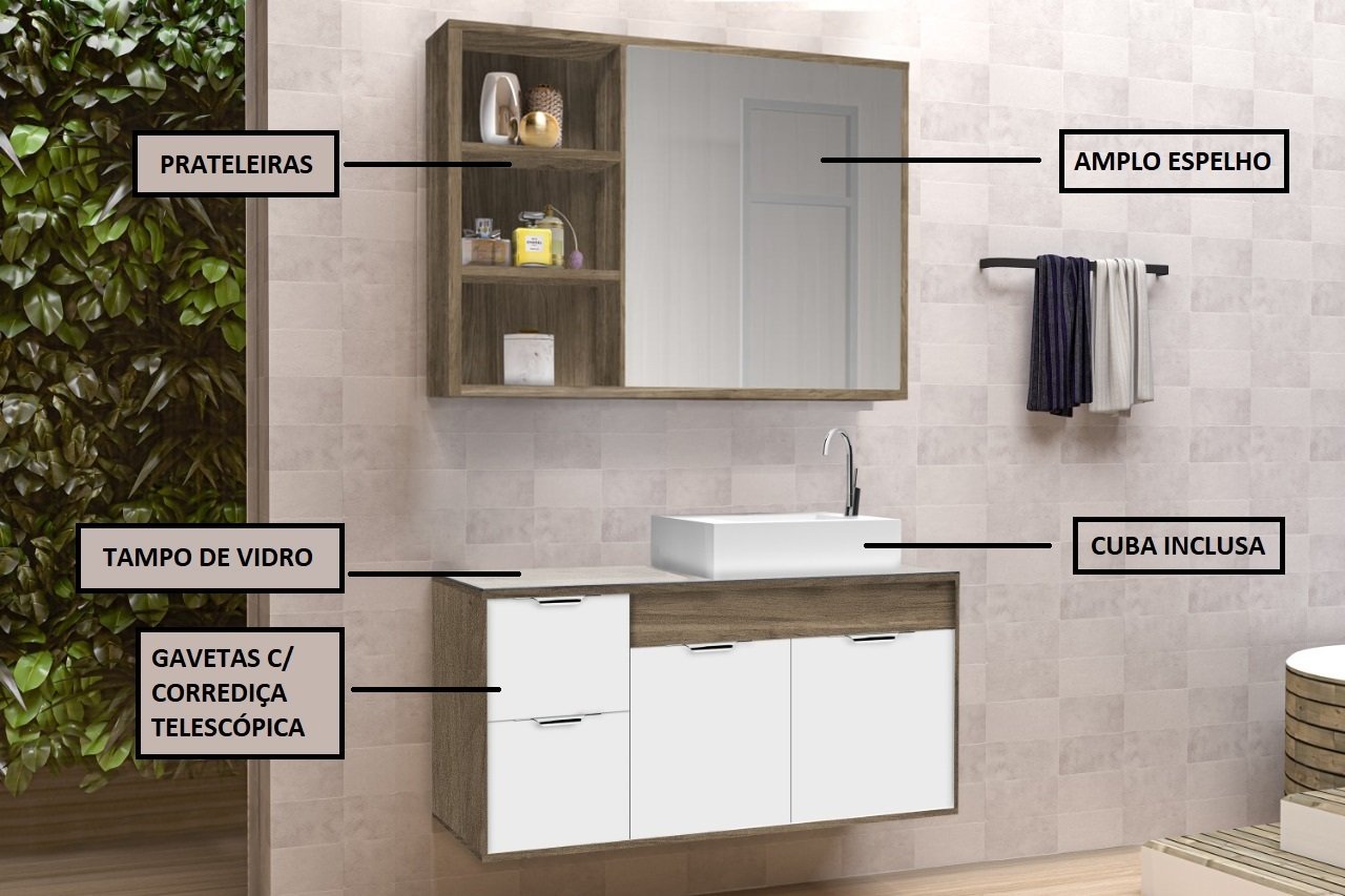 Conjunto Gabinete Banheiro C/ Espelheira - Cj Turin 80 Cm C/ Tampo de Vidro - Avelato / Branco - 2