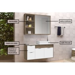 Conjunto Gabinete Banheiro C/ Espelheira - Cj Turin 80 Cm C/ Tampo de Vidro - Avelato / Branco - 2