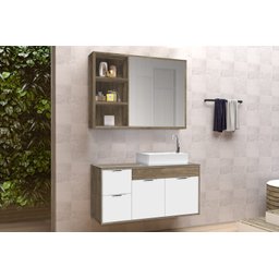 Conjunto Gabinete Banheiro C/ Espelheira - Cj Turin 80 Cm C/ Tampo de Vidro - Avelato / Branco - 1