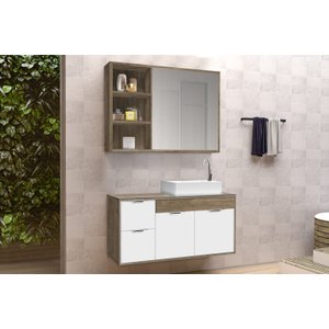 Conjunto Gabinete Banheiro C/ Espelheira - Cj Turin 80 Cm C/ Tampo de Vidro - Avelato / Branco