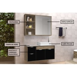 Conjunto Gabinete Banheiro C/ Espelheira - Cj Turin 80 Cm C/ Tampo de Vidro - Avelato / Preto - 2
