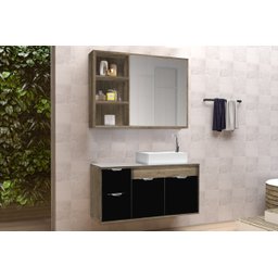 Conjunto Gabinete Banheiro C/ Espelheira - Cj Turin 80 Cm C/ Tampo de Vidro - Avelato / Preto - 1