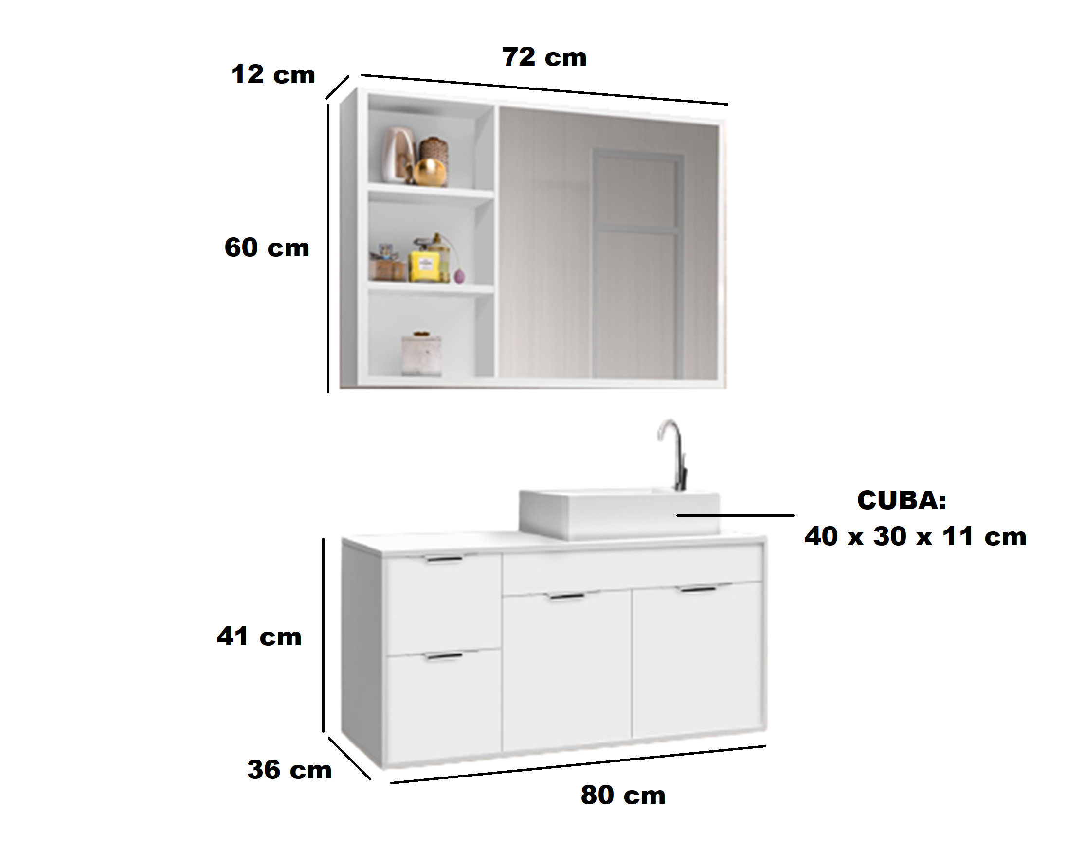 Conjunto Gabinete Banheiro C/ Espelheira - Cj Turin 80 Cm C/ Tampo de Vidro - Branco - 4
