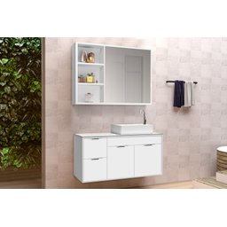 Conjunto Gabinete Banheiro C/ Espelheira - Cj Turin 80 Cm C/ Tampo de Vidro - Branco - 1