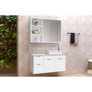 Conjunto Gabinete Banheiro C/ Espelheira - Cj Turin 80 Cm C/ Tampo de Vidro - Branco