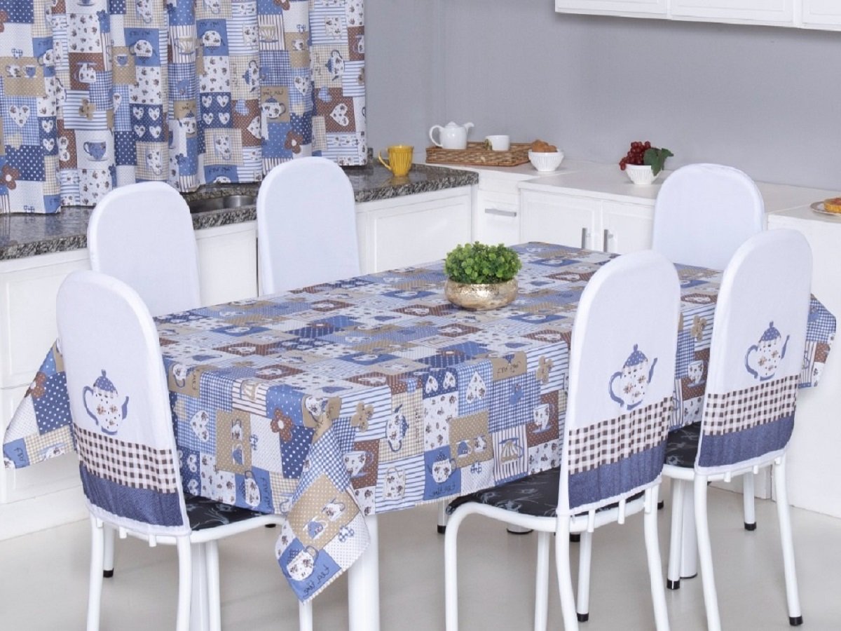 Toalha de Mesa 10 Lugares 3,00 X 1,40 Cozinha Copa Sala de Jantar Oxford Estampa Bule Azul