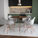 Ver imagem 1 de Mesa Jantar Redonda 90cm Amêndoa Clips 3 Pés com 4 Poltronas Eiffel Eames Daw Brancas Base Cobre