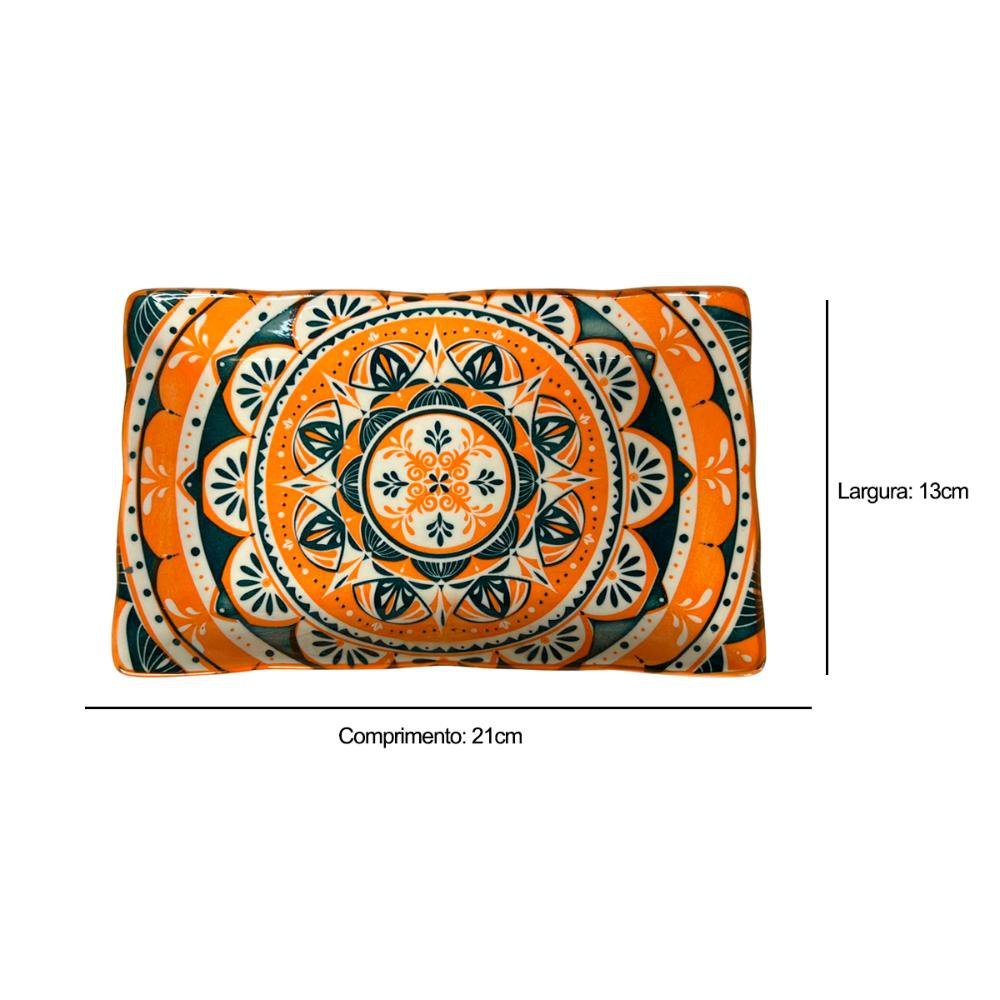 Travessa Retangular de Cerâmica Mandala Laranja e Verde 21cm - 4