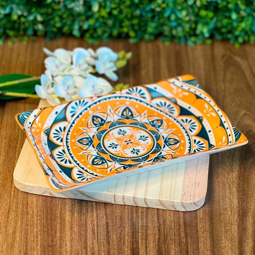 Travessa Retangular de Cerâmica Mandala Laranja e Verde 21cm - 5