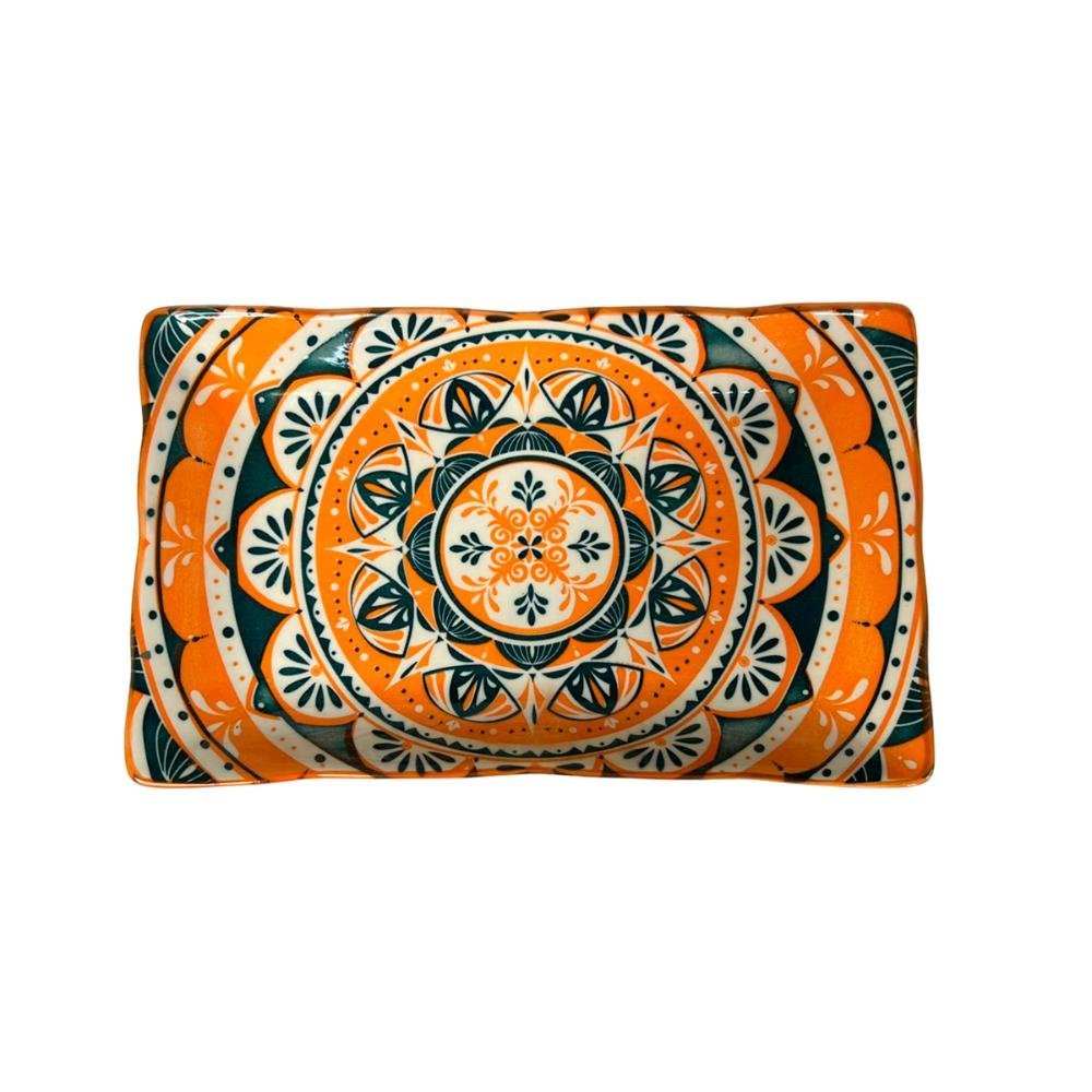 Travessa Retangular de Cerâmica Mandala Laranja e Verde 21cm - 3