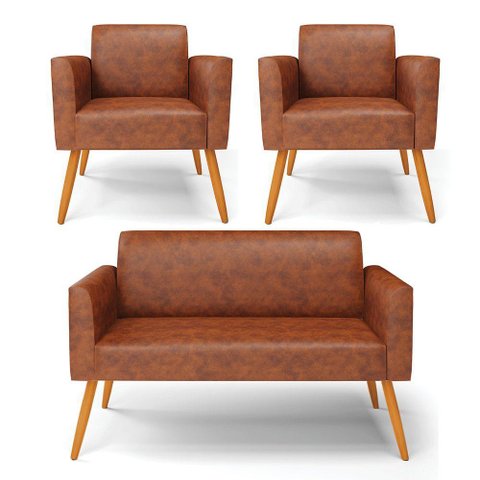 Sofá Namoradeira com 2 Poltronas Pés Palito Castanho Marisa Corano D03 - D\'rossi Cor Nozes
